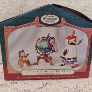 Hallmark Ornament 2001 3 Piece Set Letter, Globe, Mrs. Santa Claus